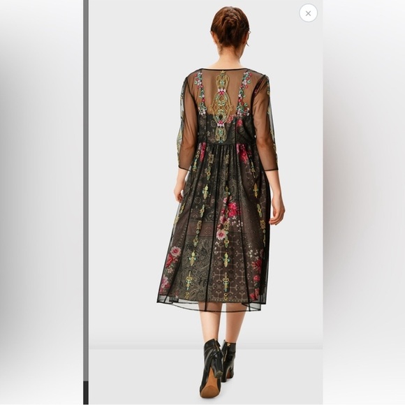 Wayward Fancies Graphic Embroidery Tulle Overlay Floral Print Crepe Empire Dress - Picture 10 of 10